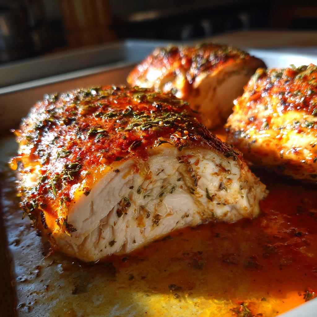 Primer plano de jugoso pollo al horno fácil con especias y hierbas, servido en su jugo.