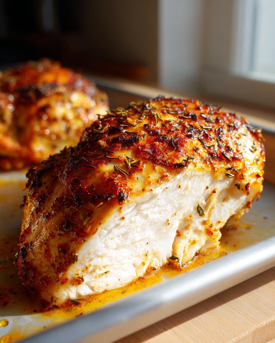 Primer plano de una pechuga de pollo al horno fácil, jugosa y dorada, con hierbas y especias.