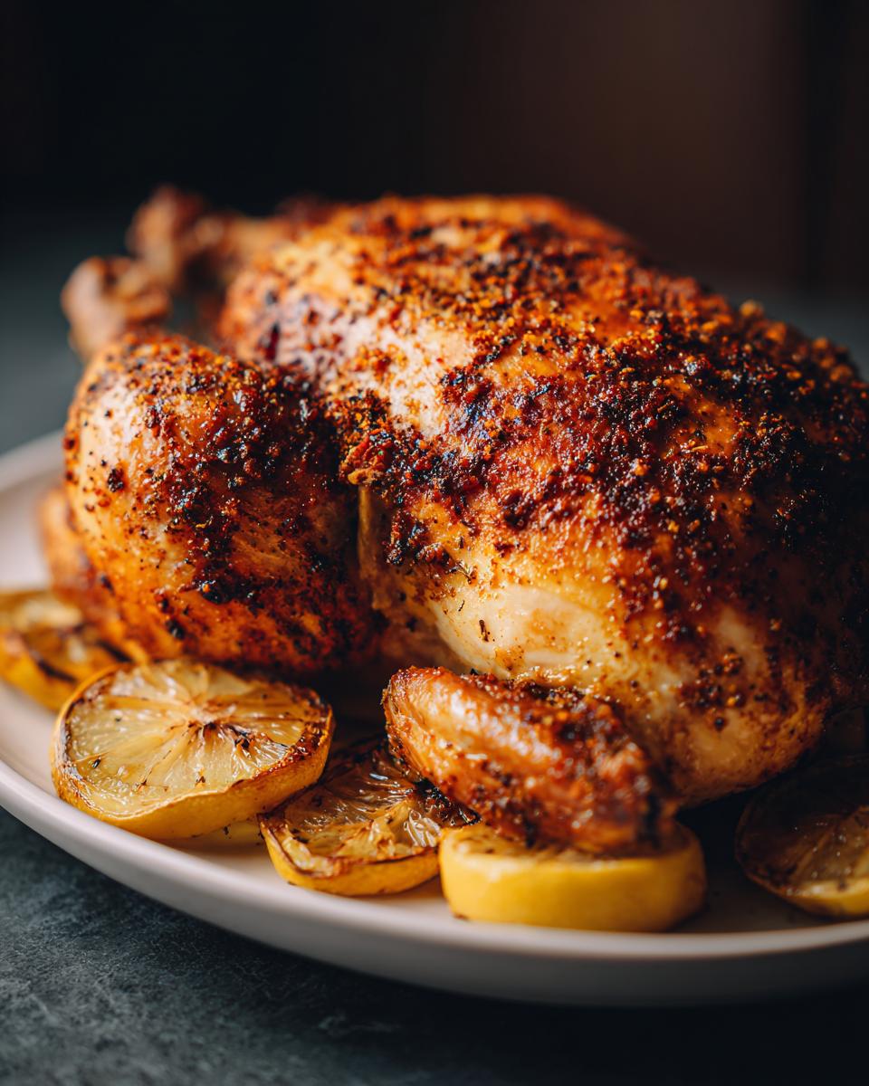 Pollo entero al horno, dorado y crujiente, servido con rodajas de limón asado en un plato blanco.
