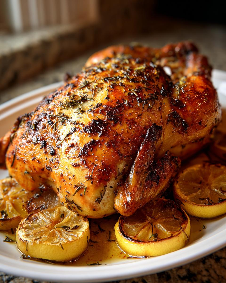 Primer plano de un pollo entero al horno, dorado y jugoso, servido con rodajas de limón asado y hierbas.