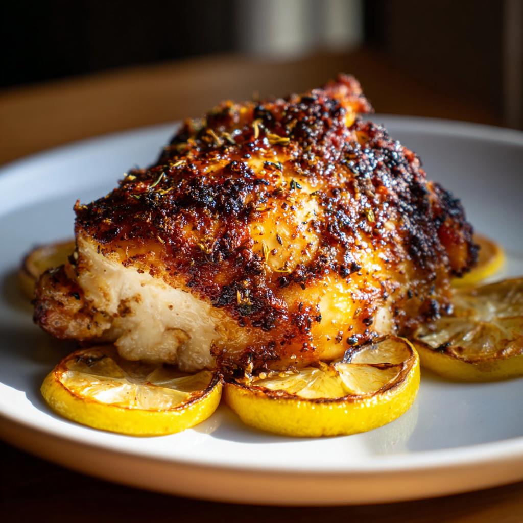 Primer plano de un jugoso pollo al horno con costra dorada y rodajas de limón asado.