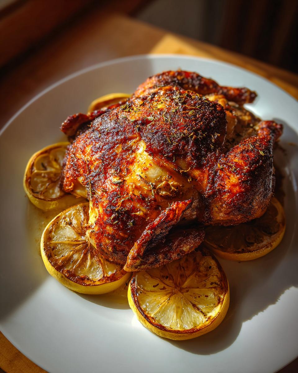 Un pollo entero asado al horno, servido sobre rodajas de limón en un plato blanco. Recetas con pollo al horno.