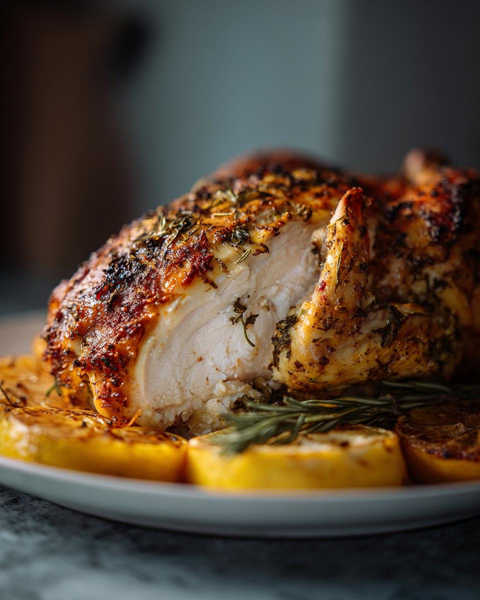 Primer plano de un pollo al horno jugoso y dorado, servido con rodajas de limón y romero. Recetas con pollo al horno.