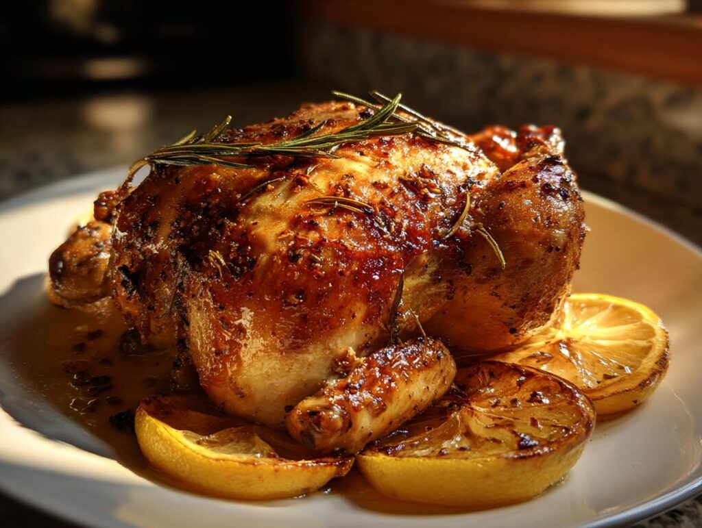 Pollo al horno dorado y jugoso, decorado con romero fresco y rodajas de limón asado.