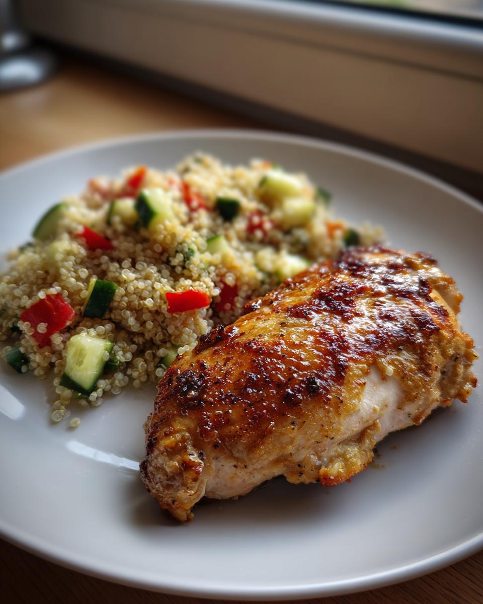 Pechuga de pollo asada dorada servida con ensalada de quinoa, pimientos rojos y pepino. Ideal para ideas de menú semanal.