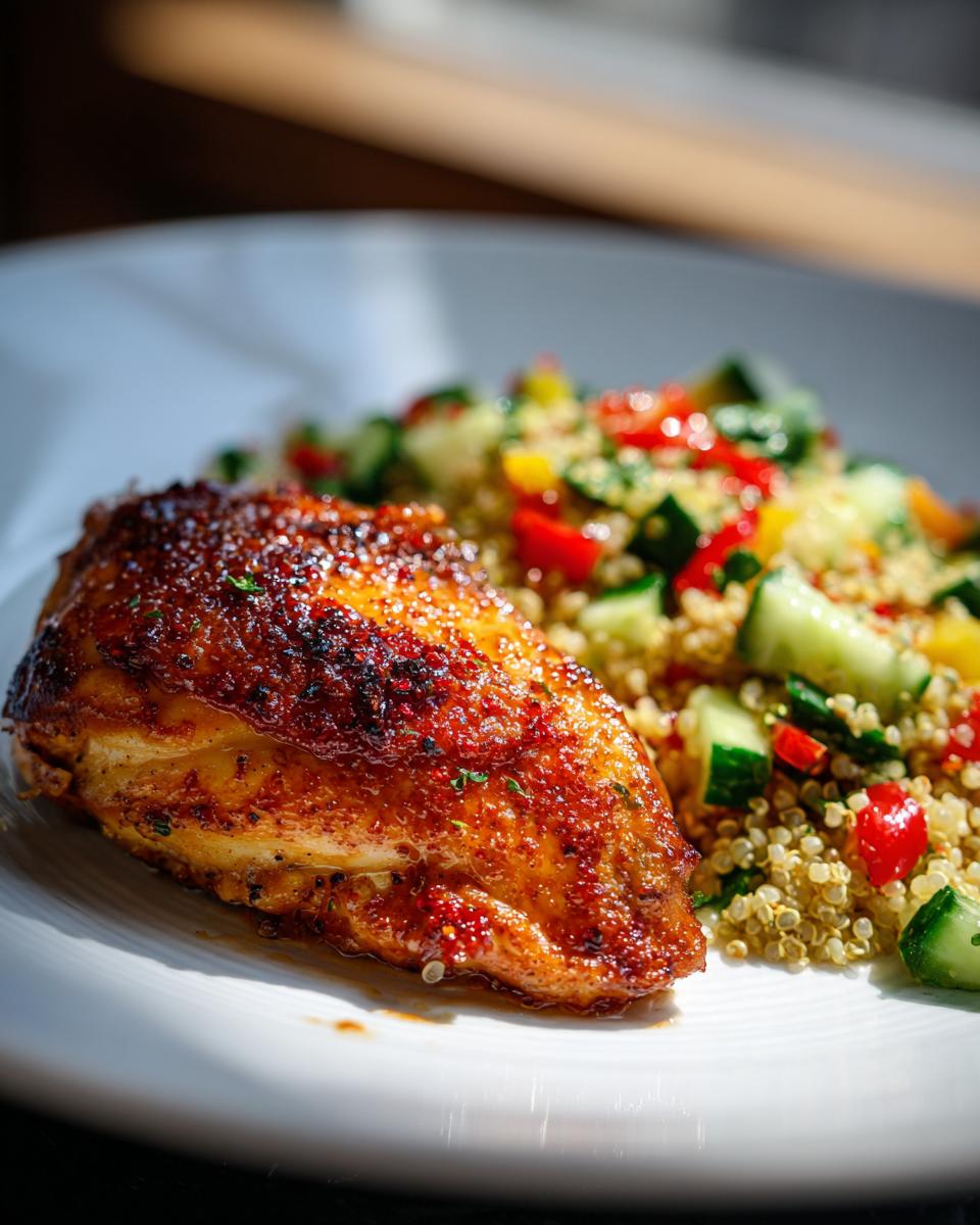 Primer plano de un filete de pollo asado con una ensalada colorida de quinoa, pepino y pimientos, una de las ideas para menú semanal.