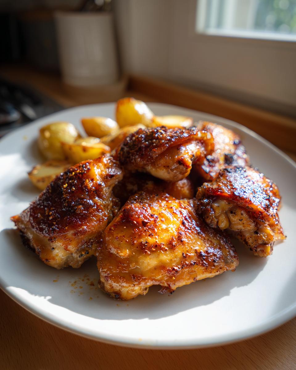 Primer plano de pollo asado fácil y patatas doradas en un plato blanco, listo para servir.