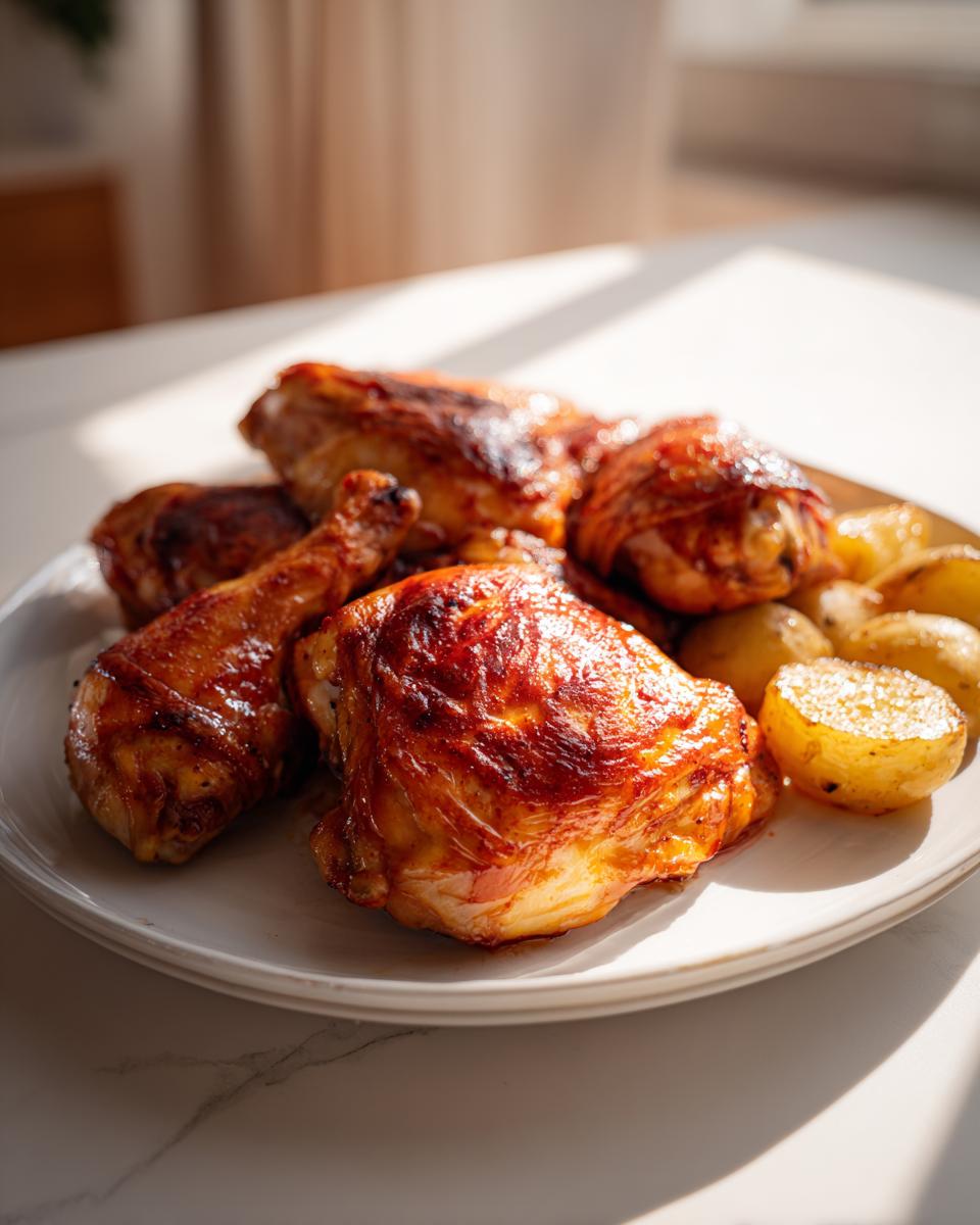 Primer plano de pollo asado dorado y patatas en un plato, ideal para recetas de pollo fáciles.