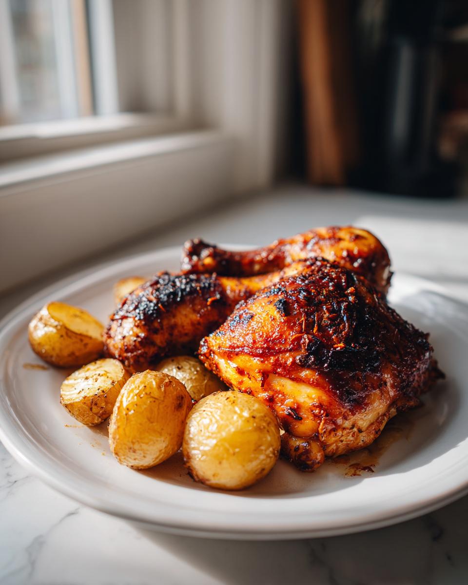 Primer plano de pollo asado jugoso y patatas doradas en un plato blanco, parte de recetas de pollo fáciles.