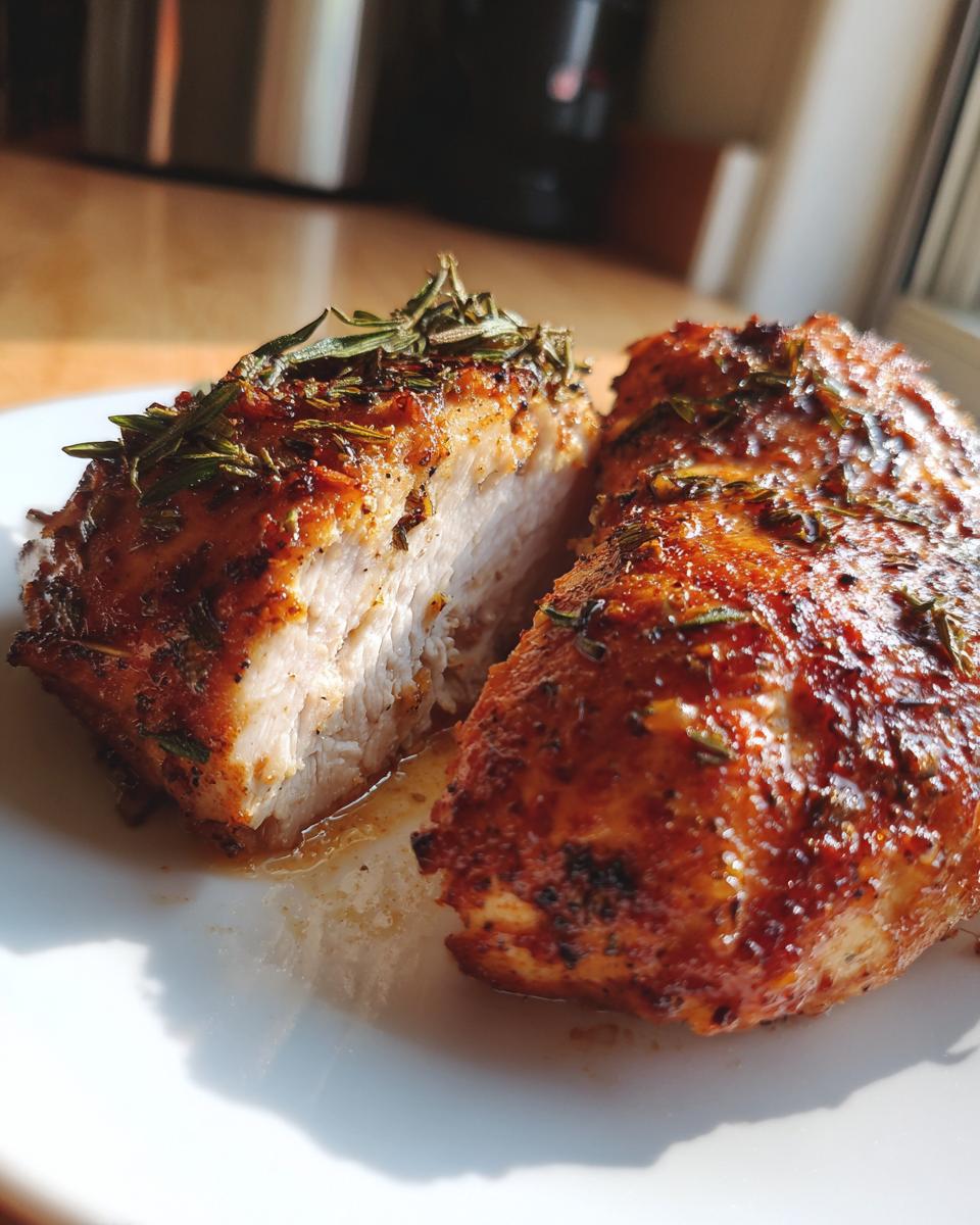 Primer plano de un filete de pollo asado jugoso, cortado por la mitad y cubierto con romero fresco, perfecto para ideas para cenas de pollo.