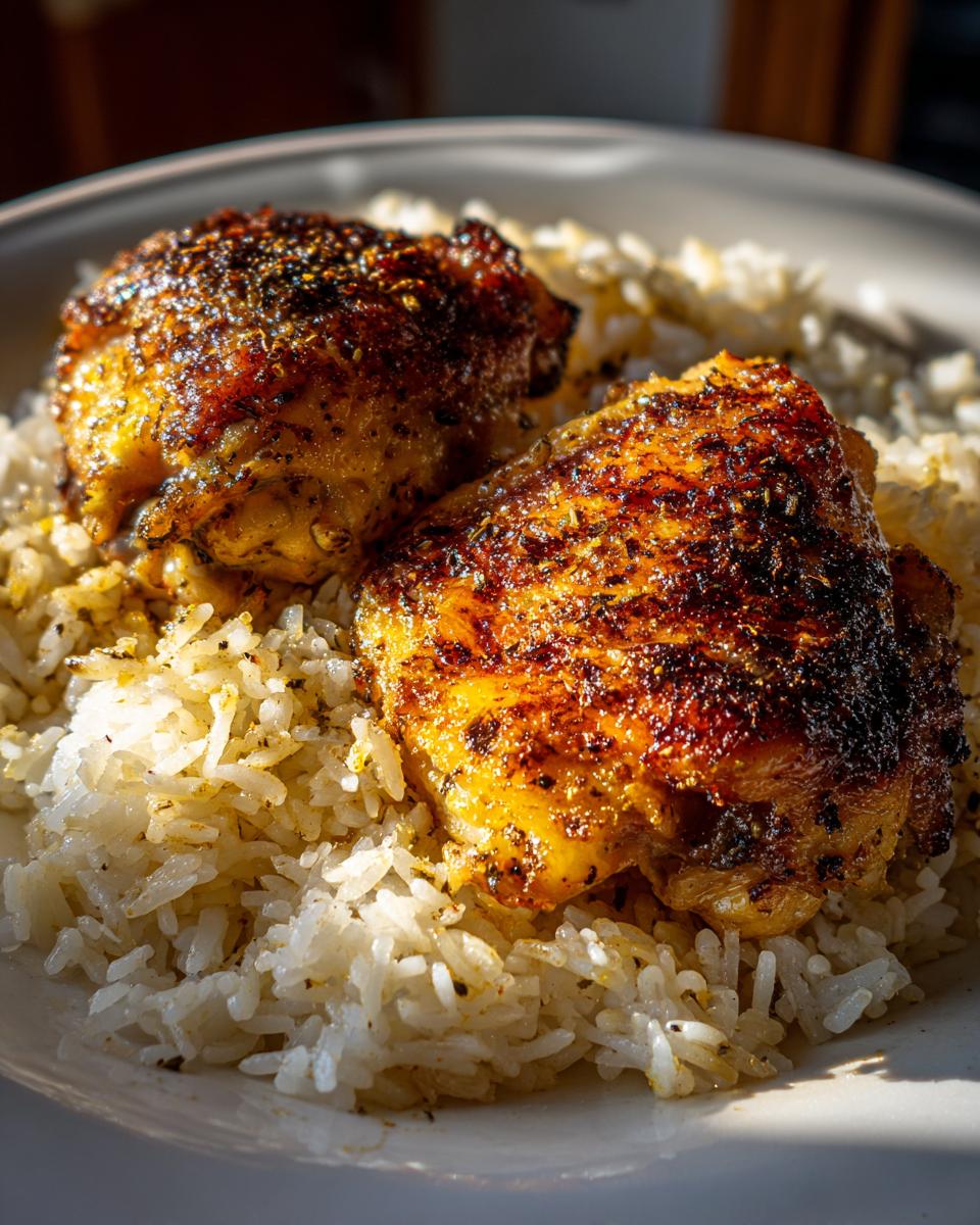 Primer plano de dos muslos de pollo dorados y especiados servidos sobre una cama de arroz blanco suelto, un plato principal de recetas de pollo con arroz.