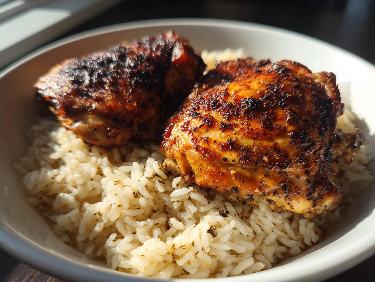 Primer plano de dos piezas de pollo asado con piel crujiente servidas sobre una cama de arroz blanco sazonado.