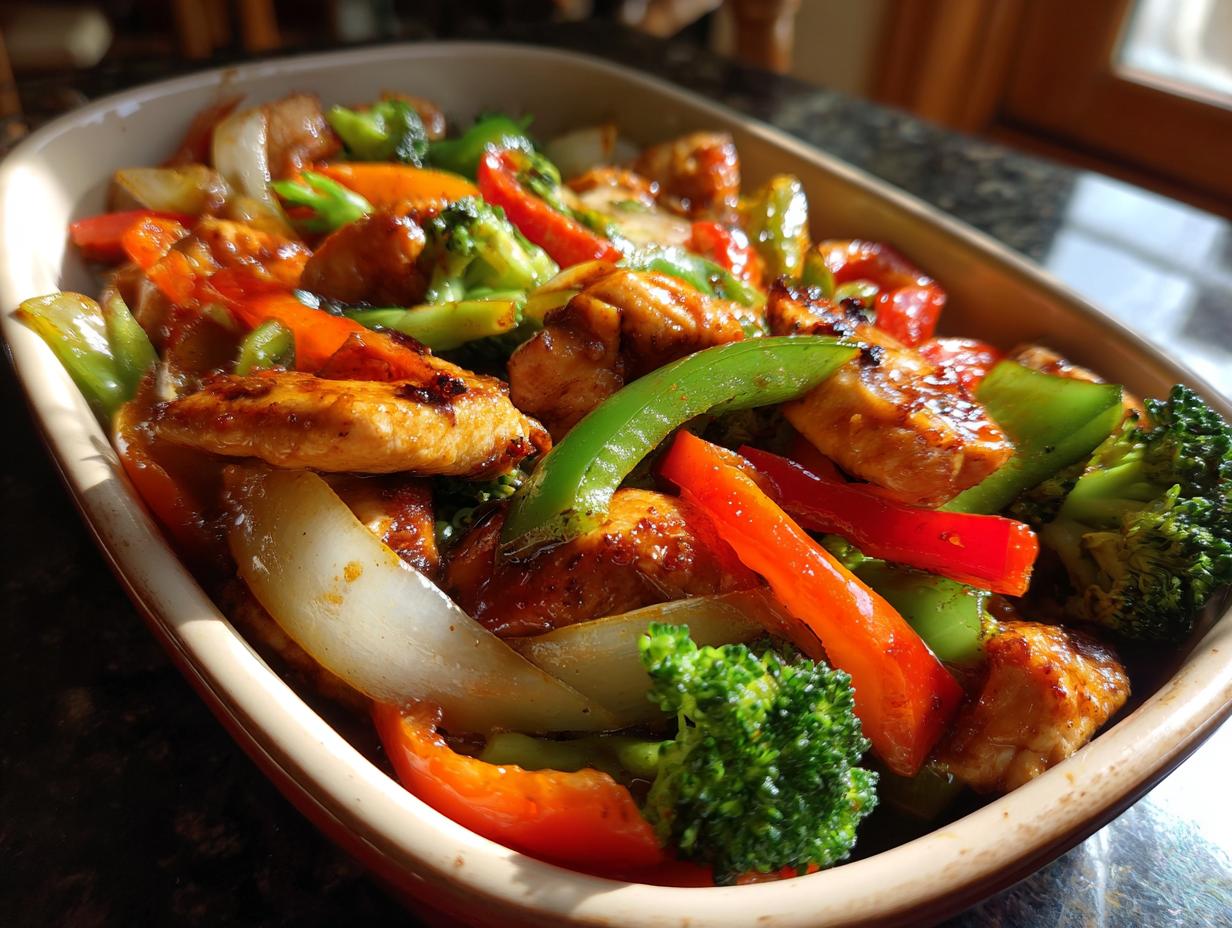 Primer plano de pollo salteado con brócoli, pimientos rojos y verdes y cebolla en una cazuela.