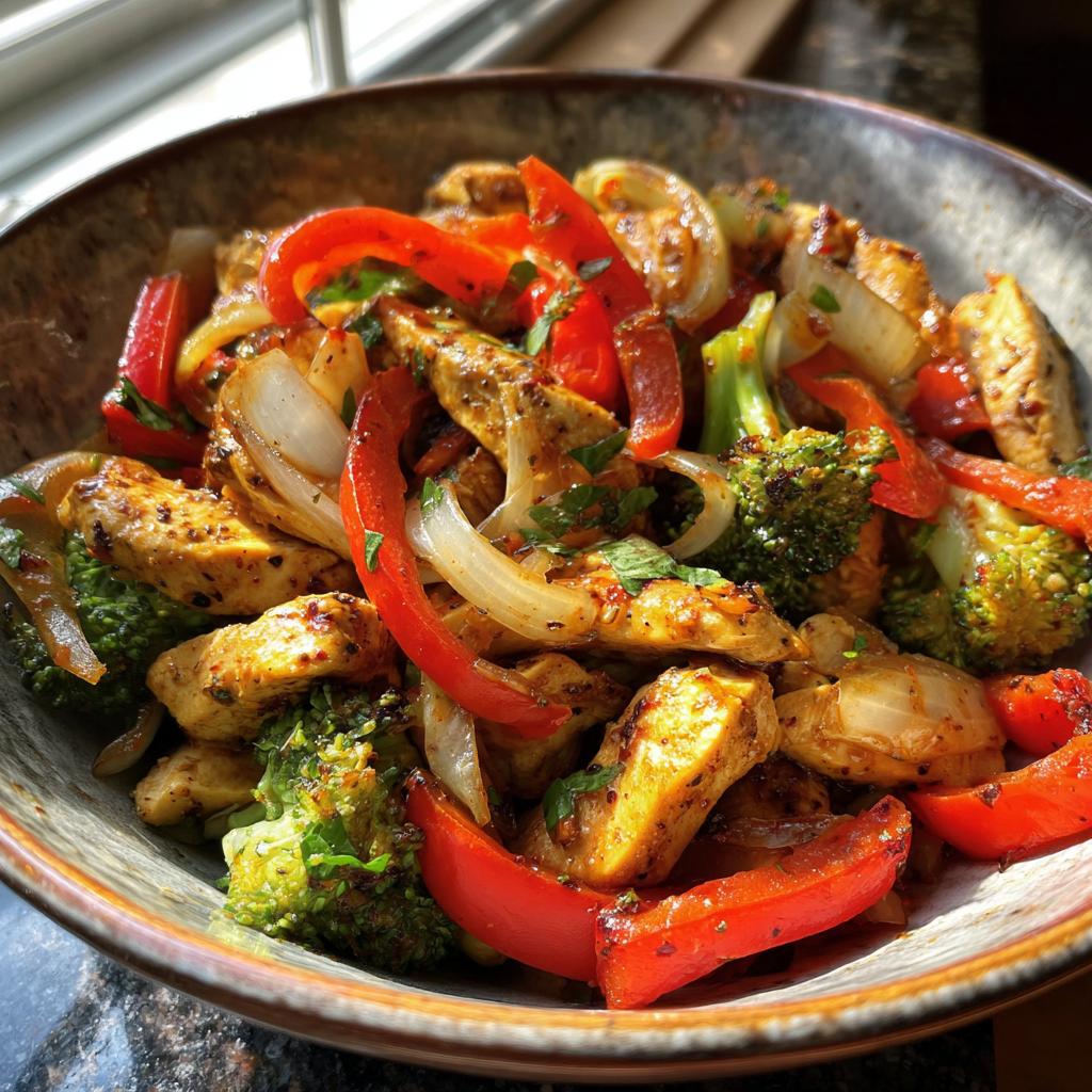 Plato de pollo con verduras salteadas, incluyendo brócoli, pimientos rojos y cebolla.