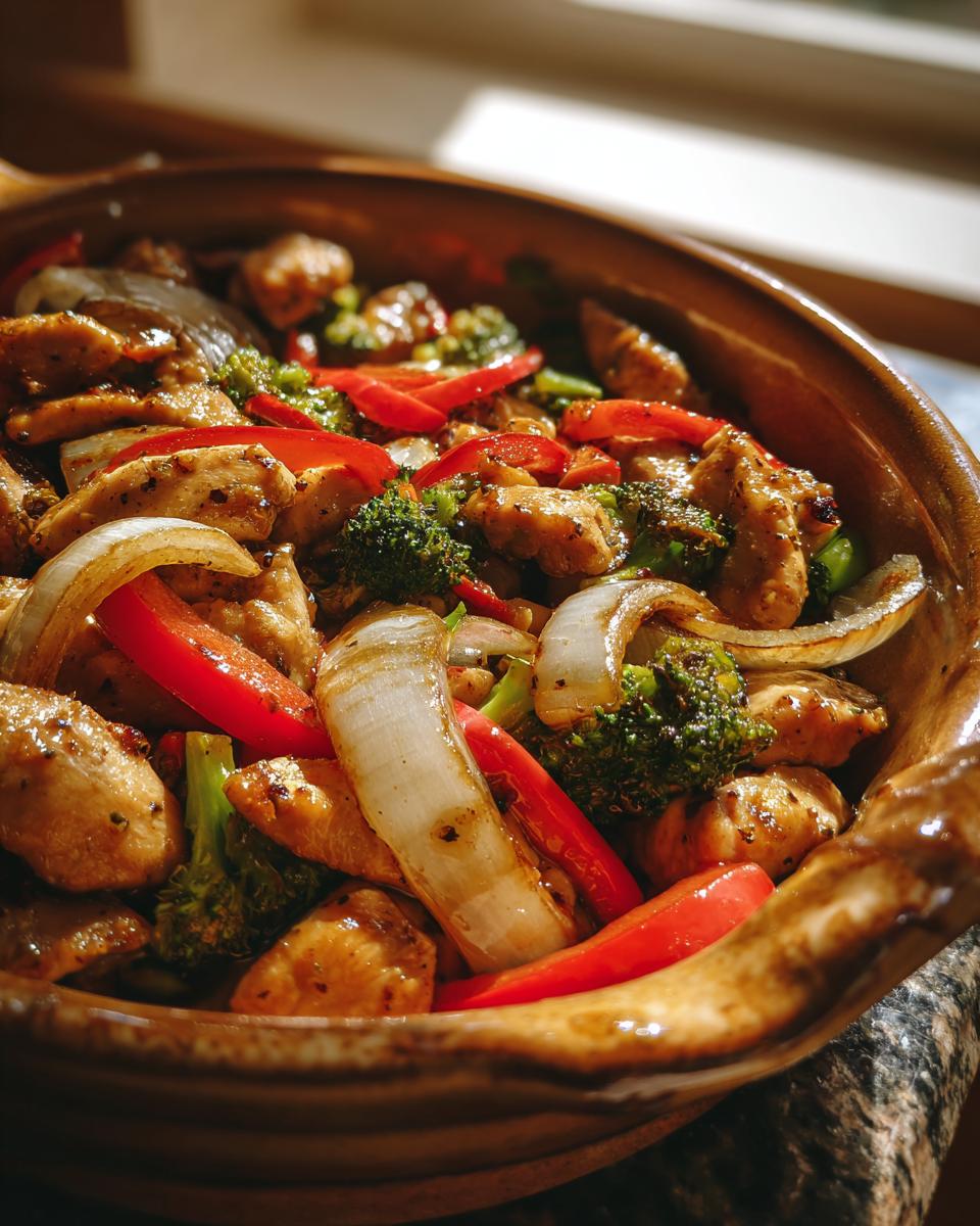 Primer plano de un tazón de pollo con verduras salteadas, incluyendo brócoli, pimientos rojos y cebolla.