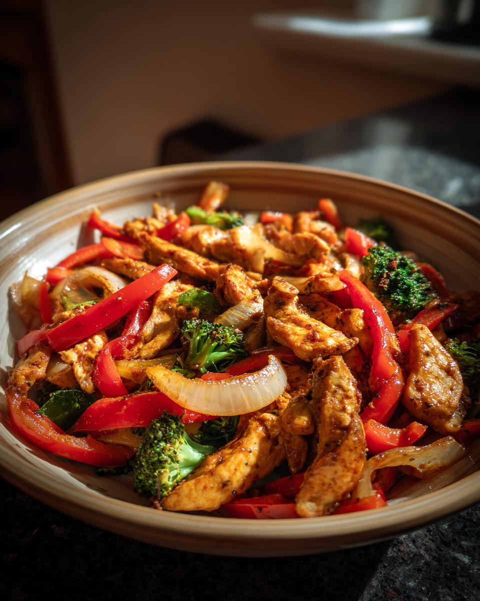 Primer plano de un bol lleno de pollo con verduras, incluyendo pimientos rojos, brócoli y cebolla.