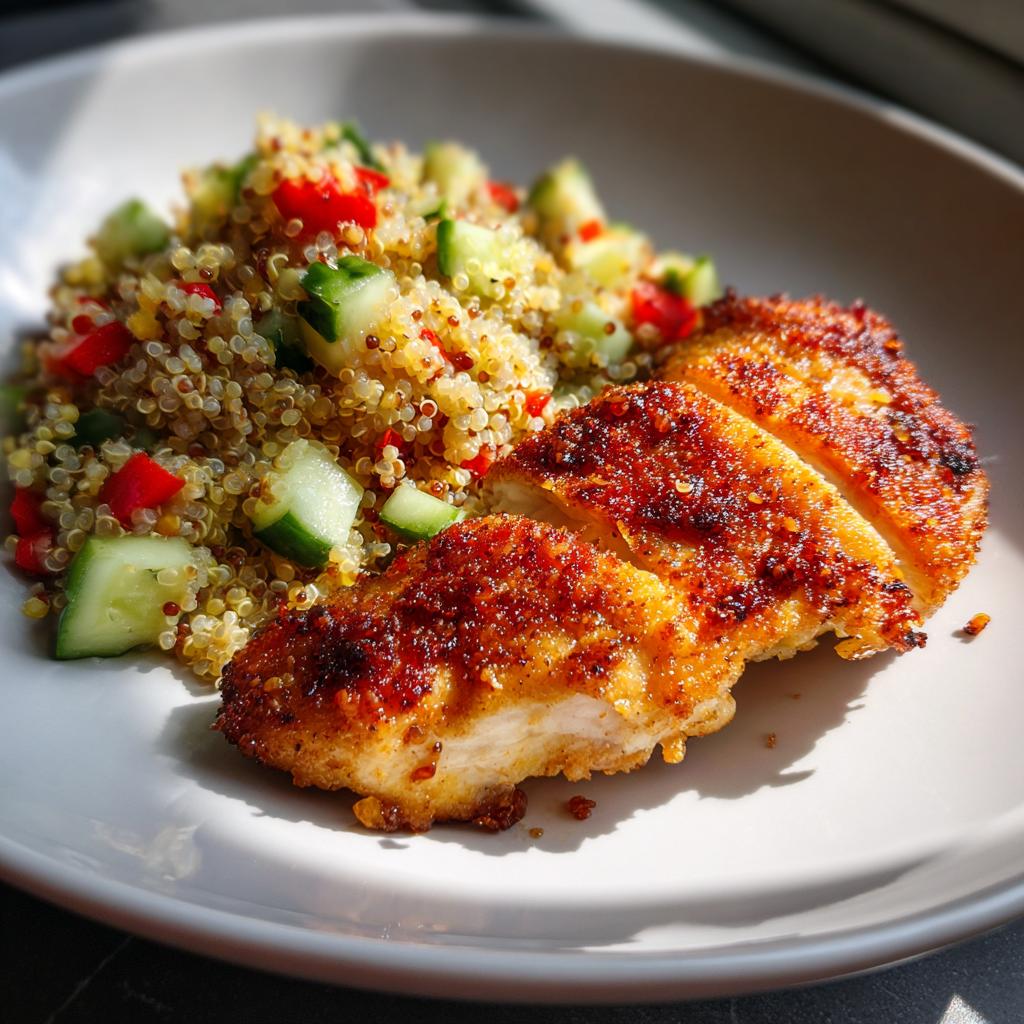 Pechuga de pollo crujiente cortada en rodajas junto a una ensalada de quinua con pepino y pimiento rojo, ideal para ideas de menú semanal.