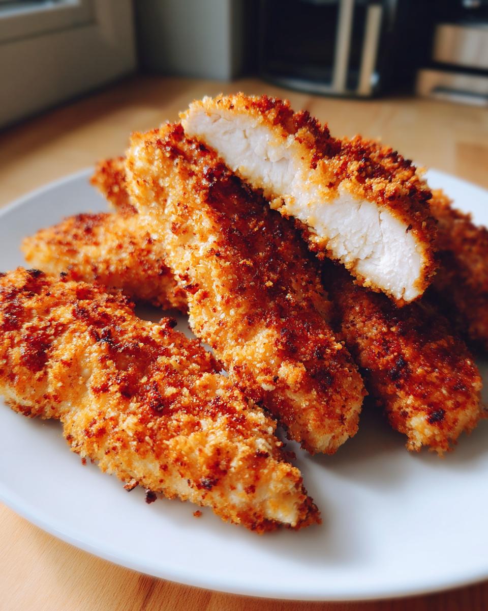 Primer plano de tiras de pollo crujiente en freidora de aire, una cortada para mostrar el interior jugoso.