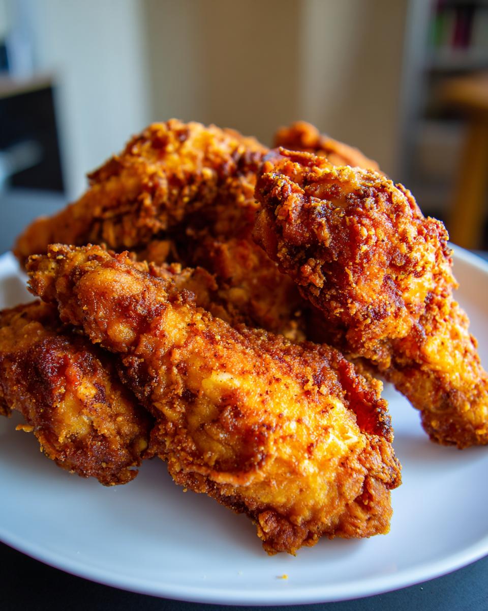 Primer plano de un plato de pollo crujiente en freidora de aire, con trozos dorados y apetitosos.