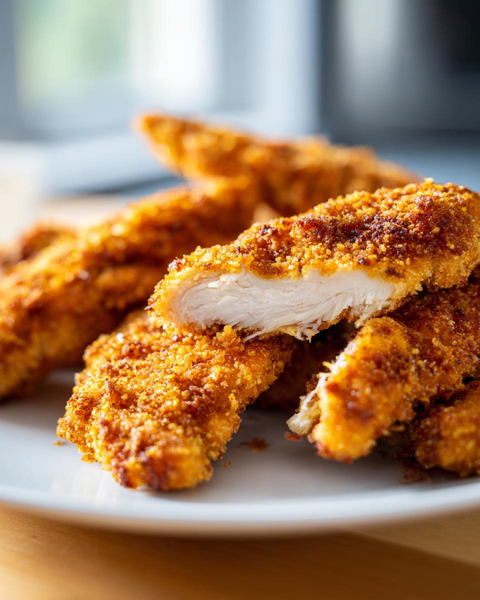 Primer plano de tiras de pollo crujiente en freidora de aire, con una pieza cortada mostrando el interior jugoso.