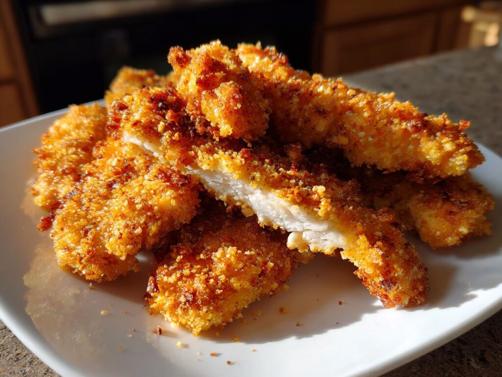 Primer plano de tiras de pollo crujiente en freidora de aire, con una tira cortada para mostrar el interior jugoso. Recetas de pollo en freidora de aire.