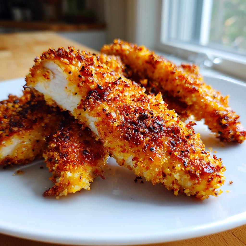 Primer plano de tiras de pollo crujientes y doradas en una freidora de aire, listas para comer.