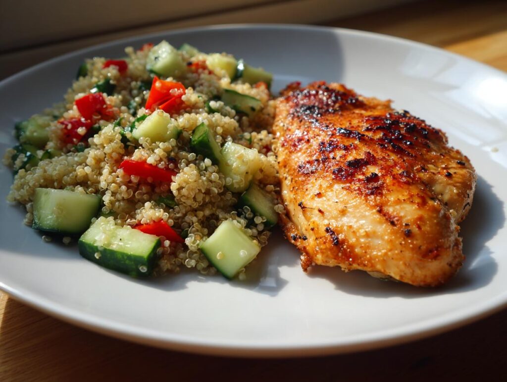 Pechuga de pollo a la plancha servida con ensalada de quinoa, pepino y pimiento rojo. Ideas para menú semanal.