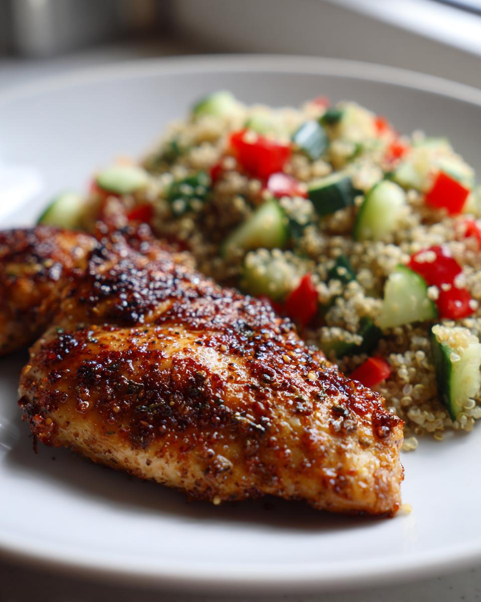 Primer plano de pechuga de pollo especiada y dorada servida con ensalada de quinoa, pepino y tomate, una de las ideas para menú semanal.
