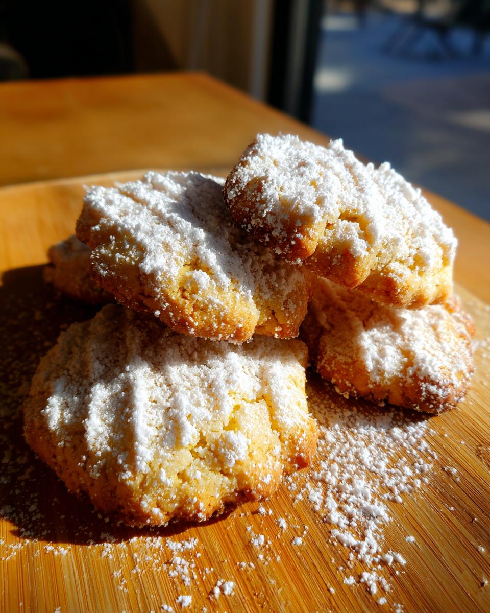Polvorones caseros tradicionales españoles cubiertos con azúcar glas sobre tabla de madera