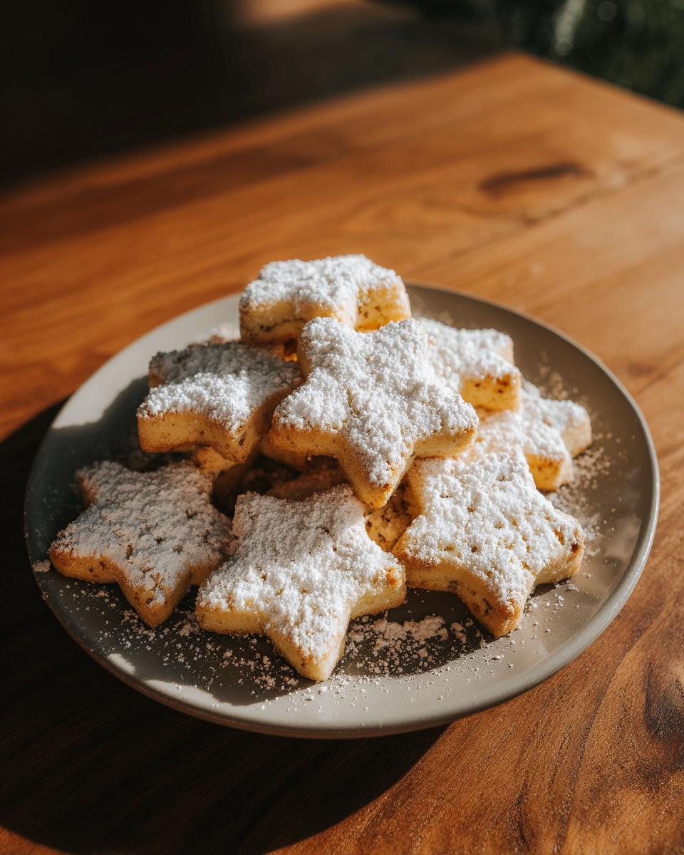 Plato con polvorones navideños tradicionales españoles en forma de estrella espolvoreados con azúcar glas