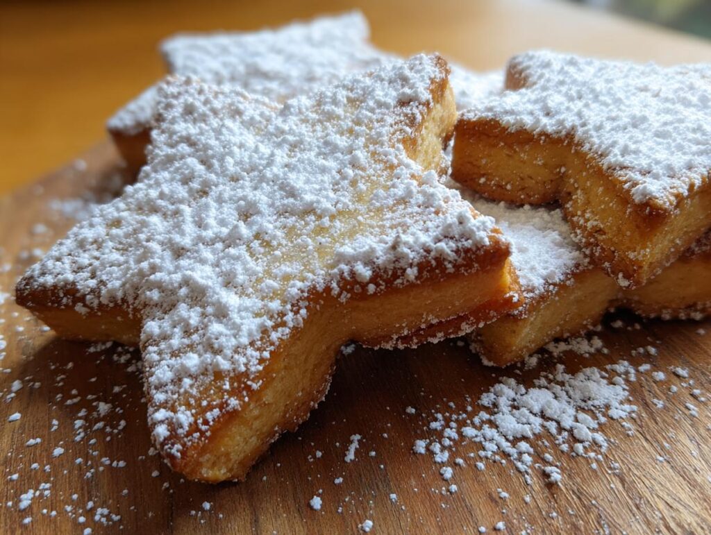 Polvorones navideños tradicionales españoles en forma de estrella espolvoreados con azúcar glas.