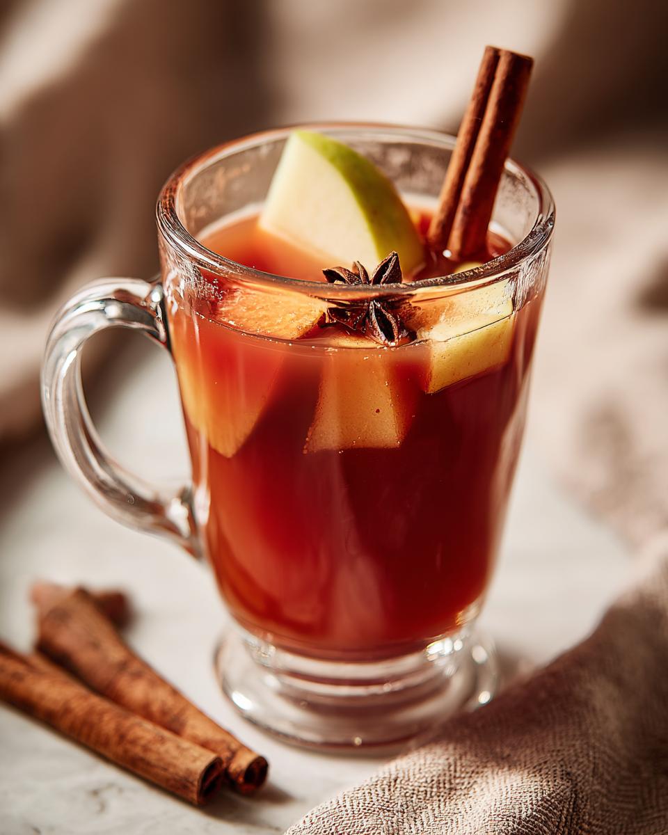 Vaso de ponche navideño fácil con trozos de manzana, canela y anís estrella.