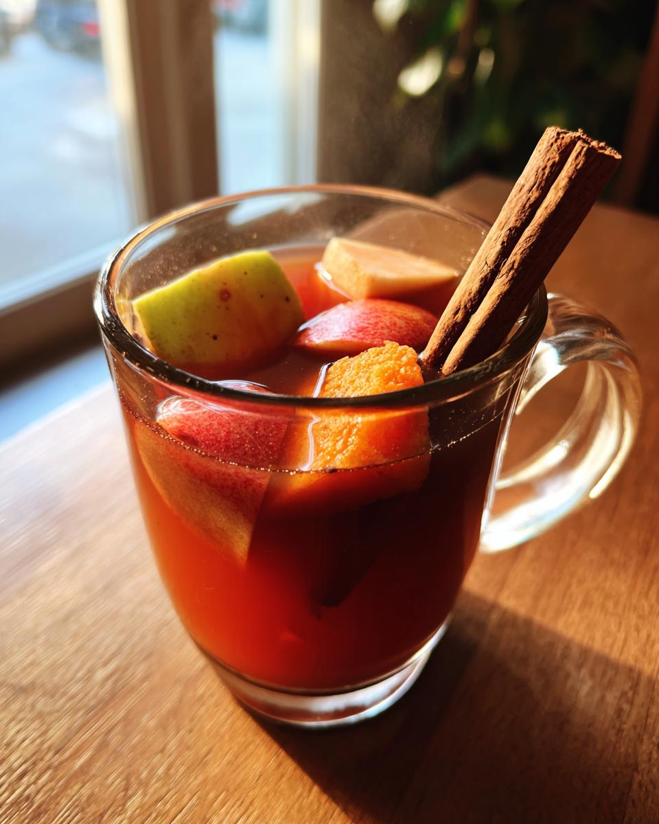 Vaso transparente con ponche navideño fácil, frutas y una rama de canela