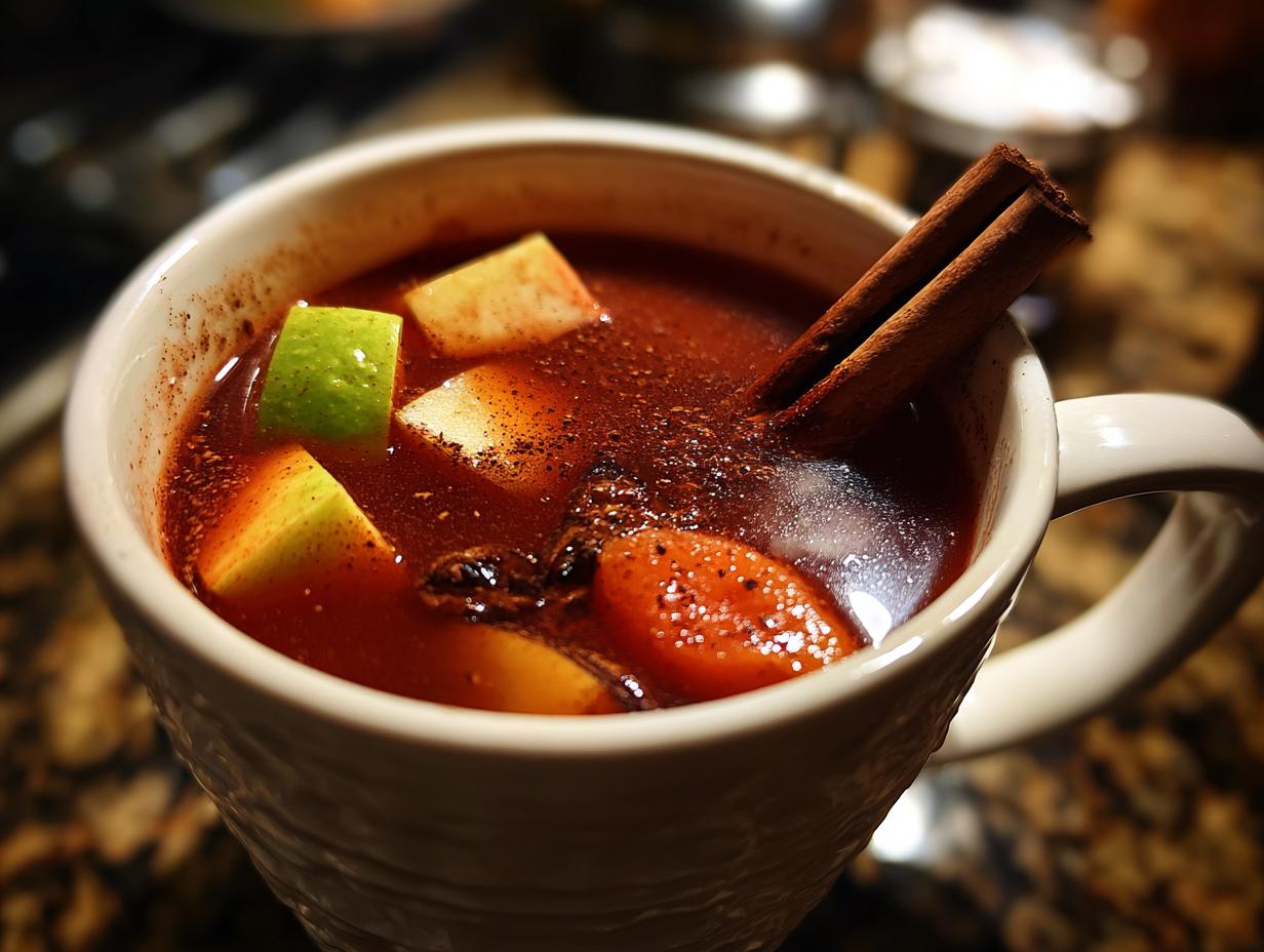 Taza blanca con ponche navideño fácil con manzana, canela y frutas flotando.