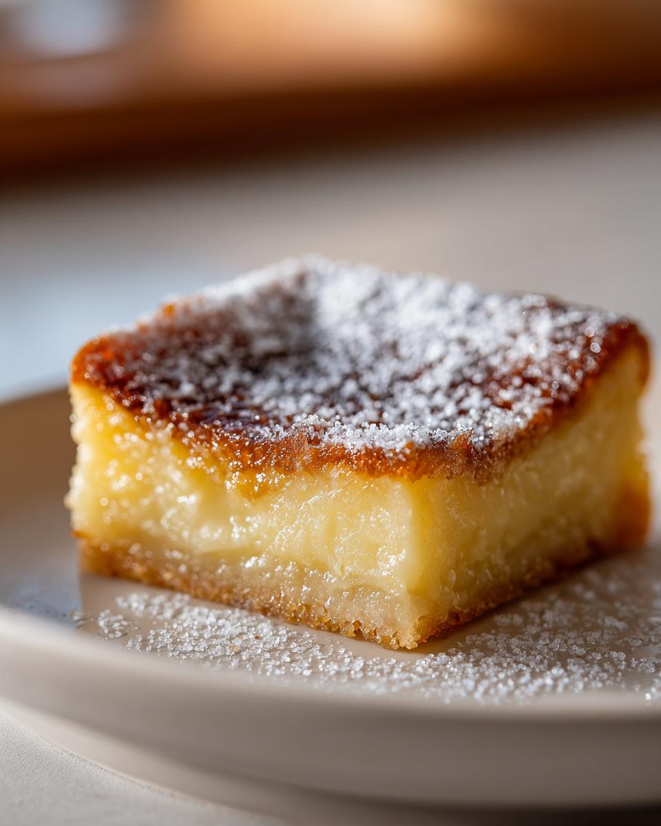 Primer plano de un postre casero fácil de España espolvoreado con azúcar glas, servido en un plato.