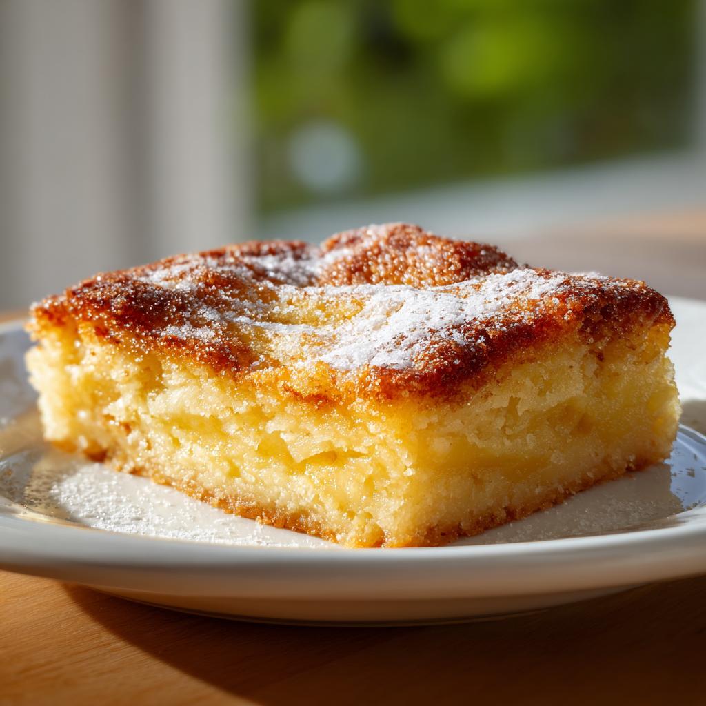 Primer plano de un trozo de postre casero fácil España espolvoreado con azúcar glas sobre un plato blanco.