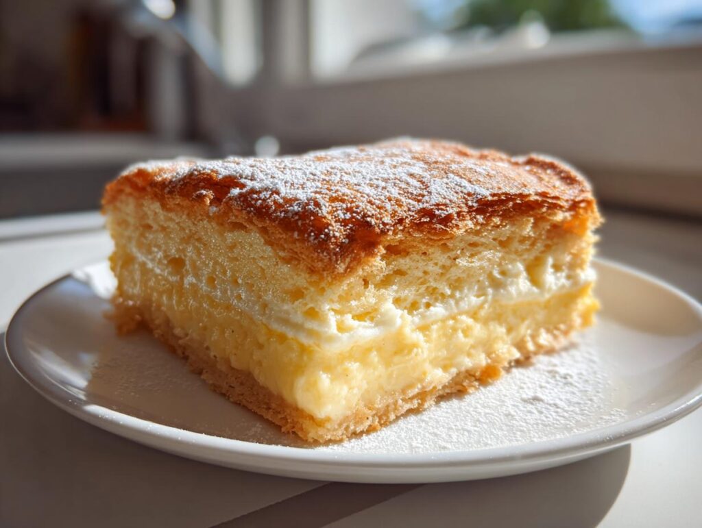 Primer plano de un trozo de postre casero fácil en España, con capas de crema y hojaldre espolvoreado con azúcar glas.