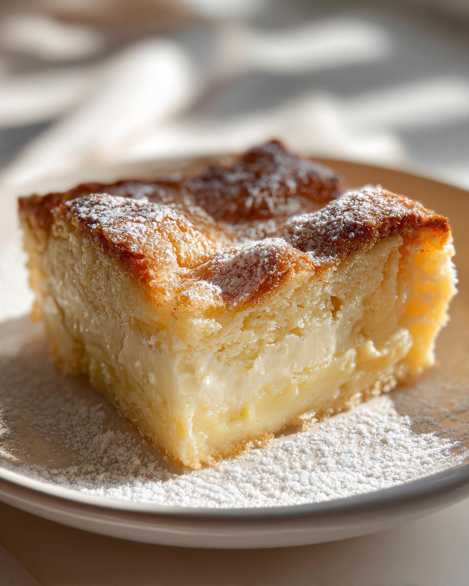 Un trozo de postre casero fácil de España, un pastel cremoso espolvoreado con azúcar glas sobre un plato.