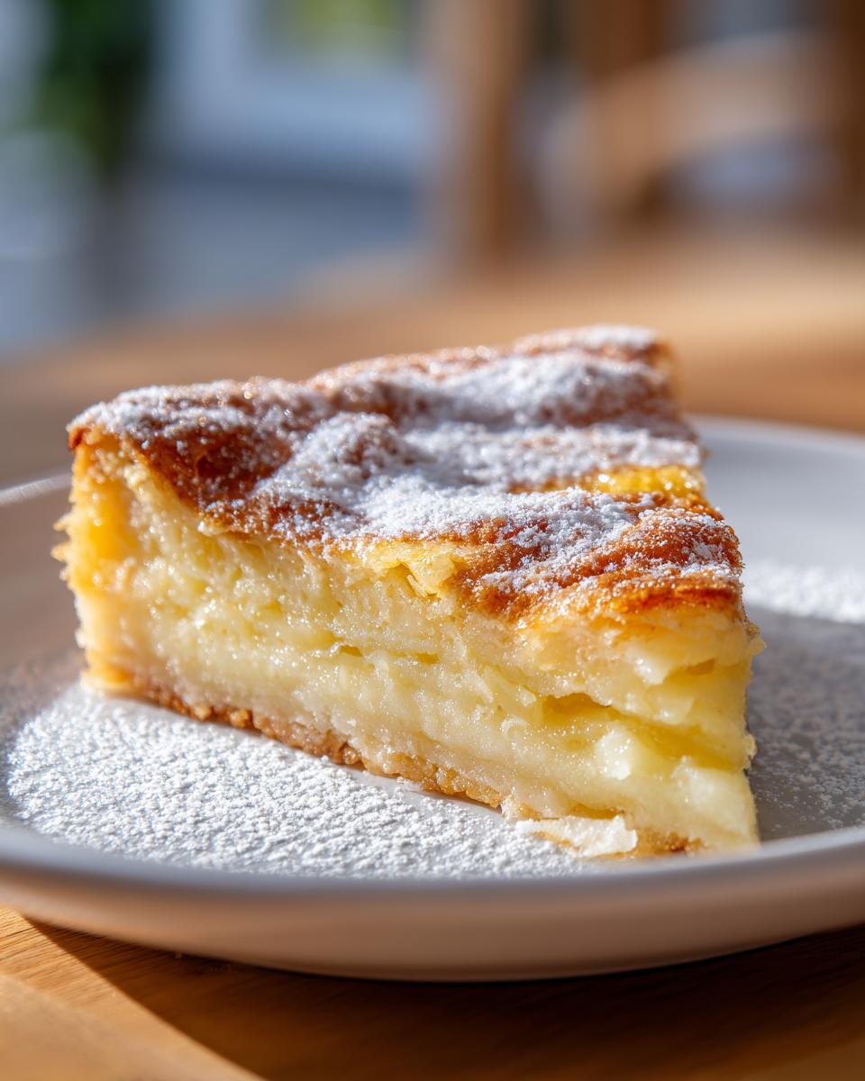Primer plano de una rebanada de postre casero fácil España espolvoreada con azúcar glas.