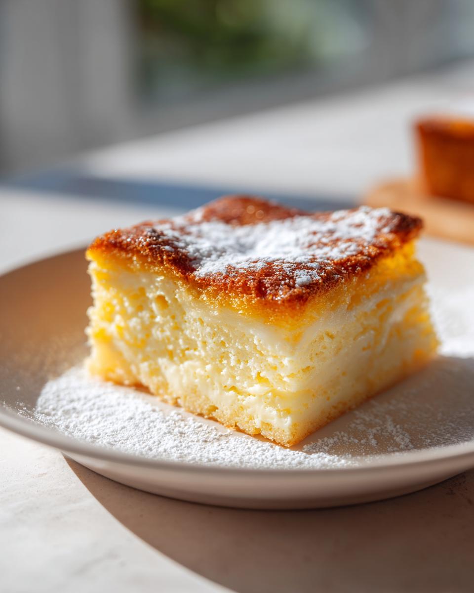 Un trozo de postre casero fácil de España, cremoso y espolvoreado con azúcar glas.
