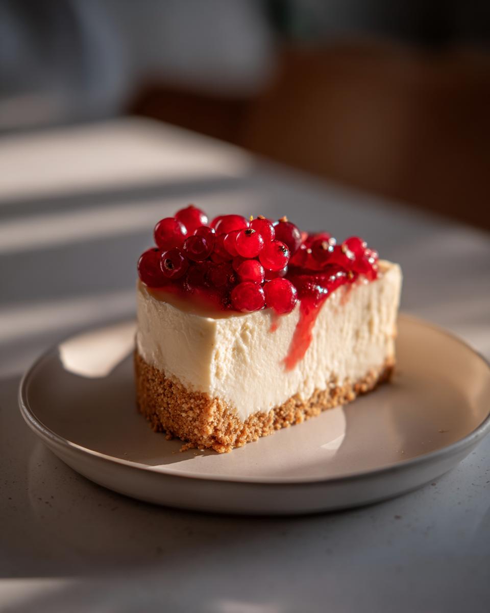 Rebanada de postre de Navidad sin horno con base de galleta, crema y cubierta de frutos rojos y mermelada.
