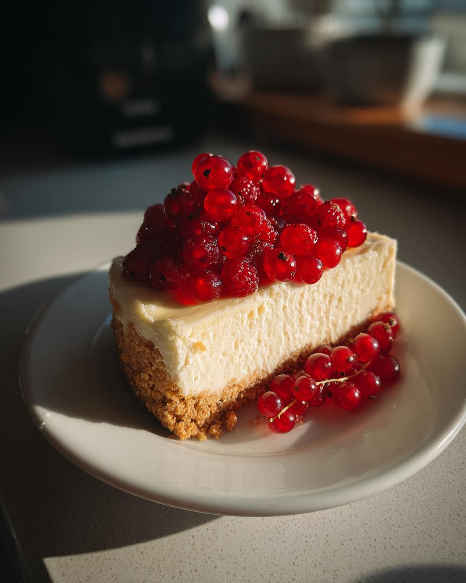 Rebanada de postre de Navidad sin horno en España, cubierta con frutos rojos y grosellas.