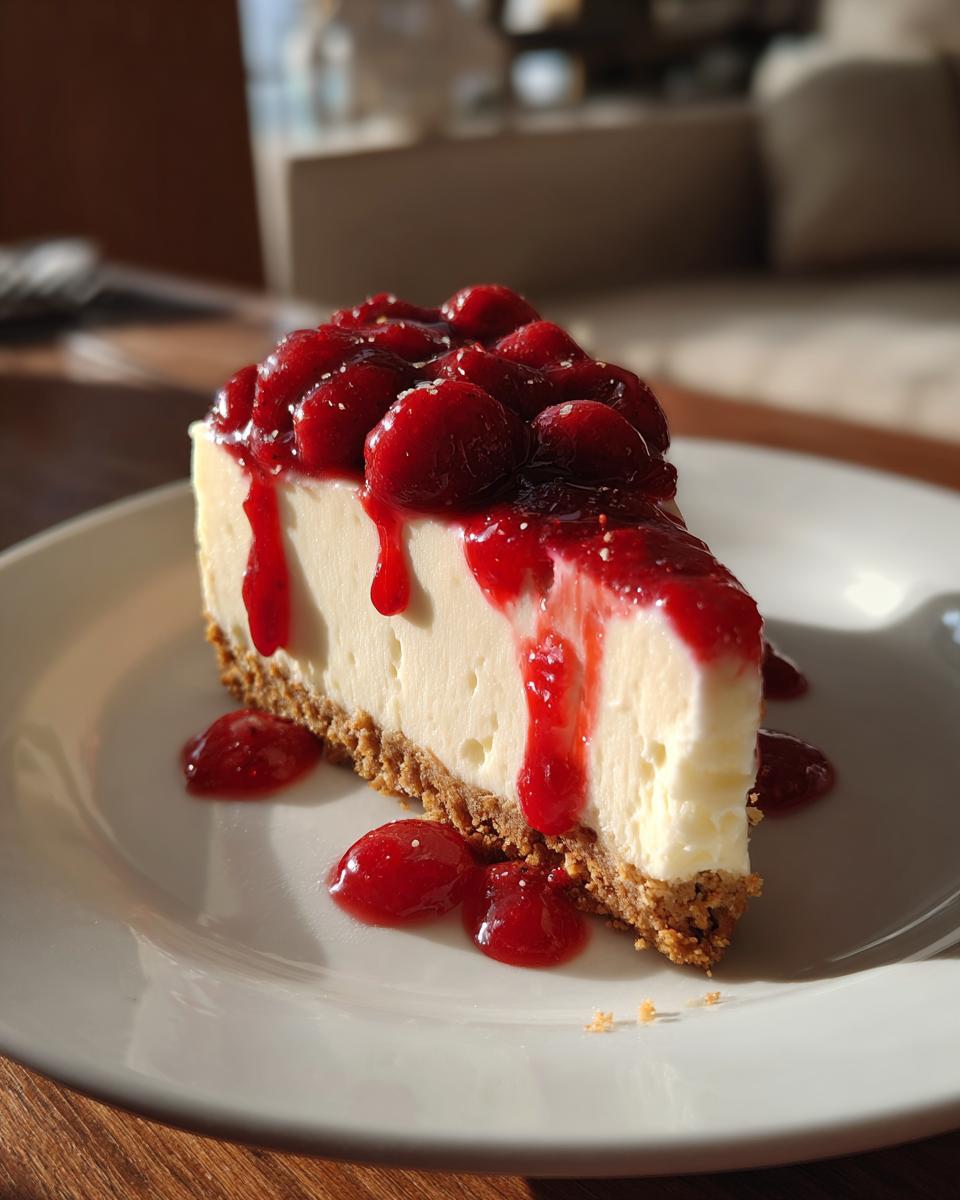 Rebanada de postre de Navidad sin horno con cobertura de frutos rojos y base crujiente.