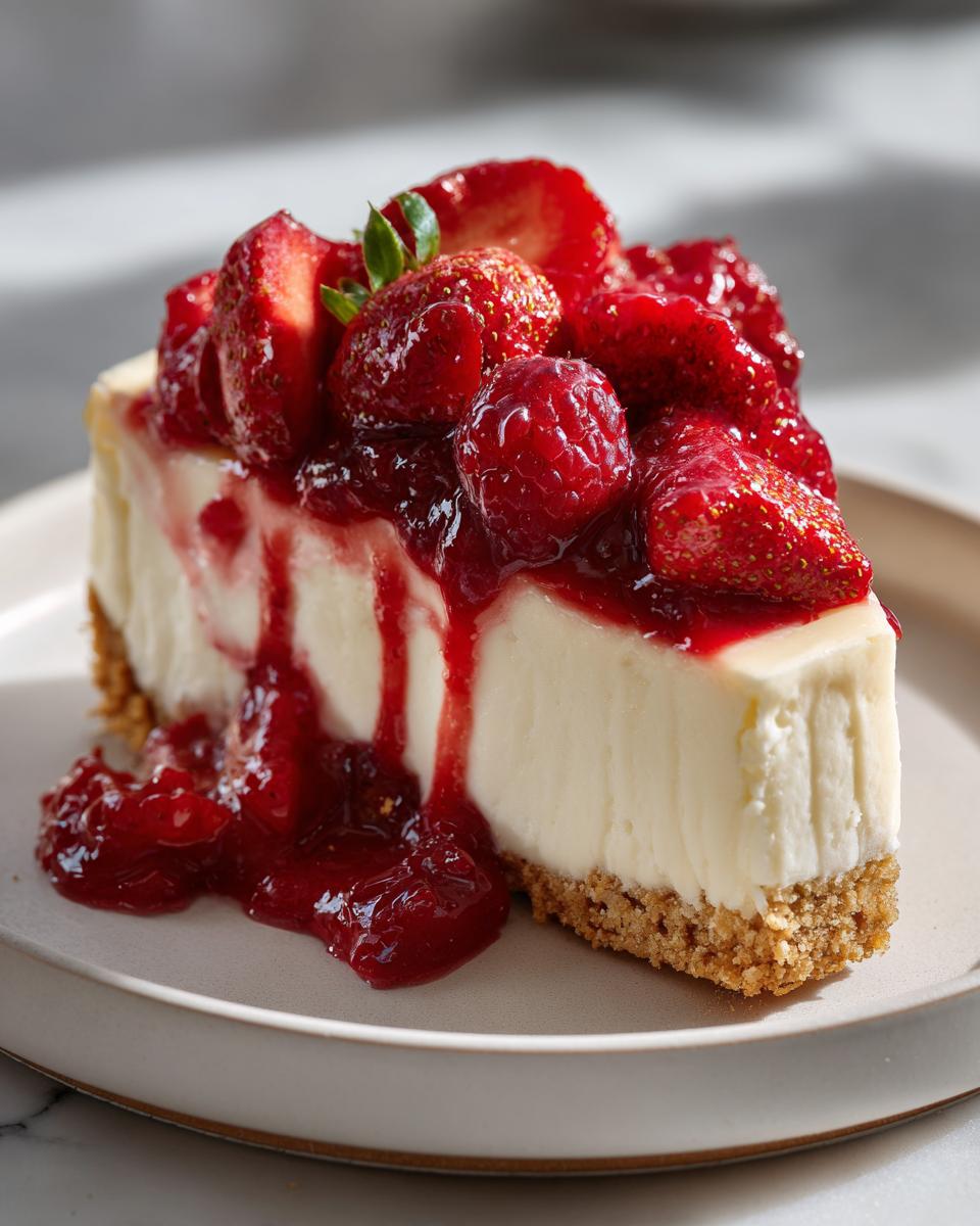 Rebanada de tarta de queso cremosa cubierta con fresas y frambuesas, un postre de navidad sin horno perfecto.
