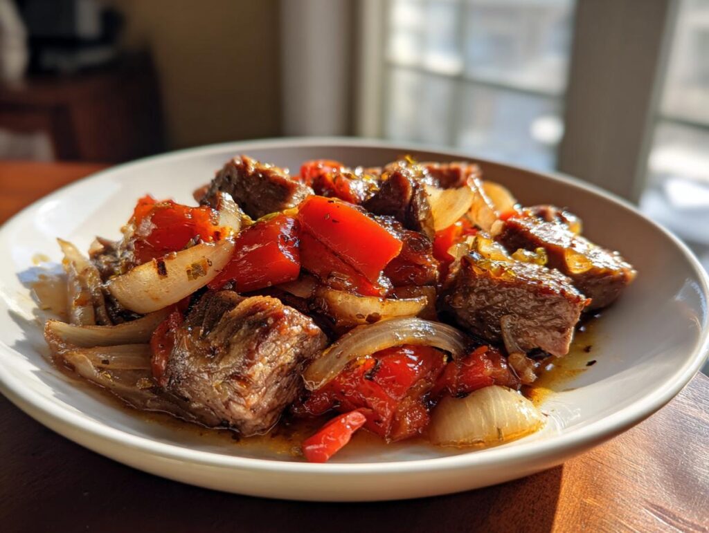 Primer plano de un plato con trozos de prime rib sobrante cocinado con cebolla y pimientos rojos.