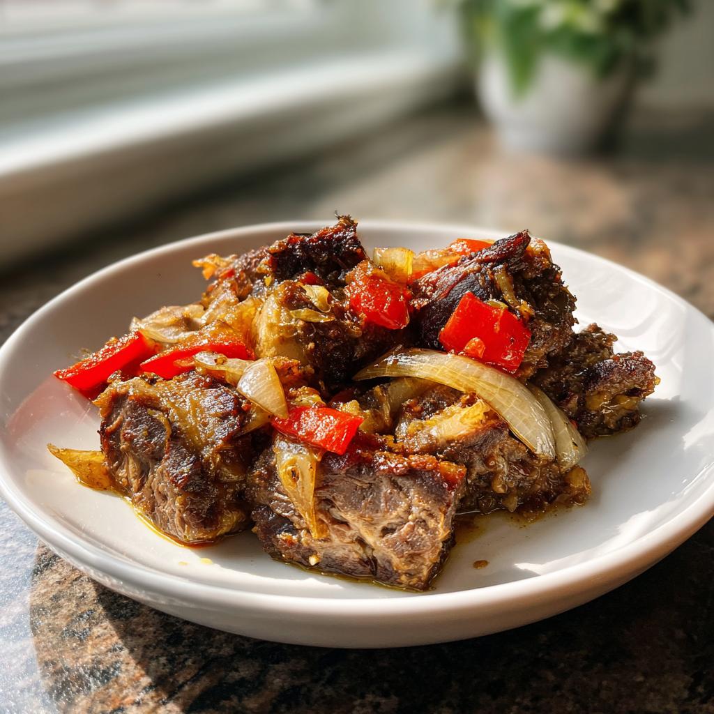 Primer plano de un plato de prime rib sobrante salteado con trozos de pimiento rojo y cebolla.