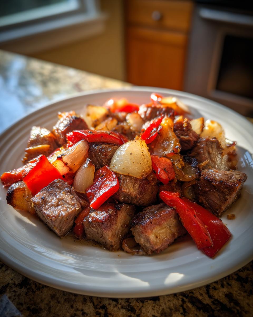 Primer plano de un plato blanco lleno de trozos de prime rib sobrante salteados con pimientos rojos y cebolla.
