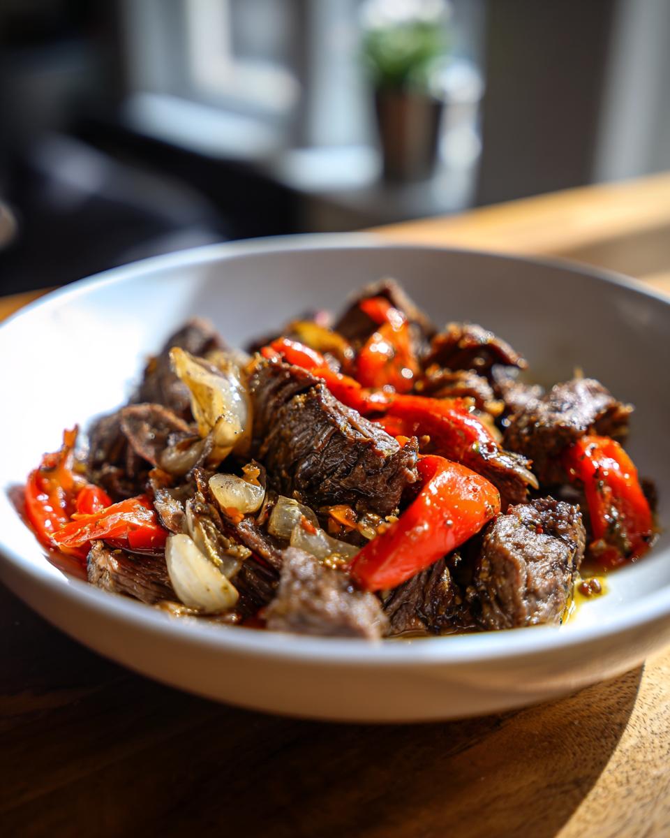 Primer plano de carne de prime rib sobrante cortada en trozos y salteada con pimientos rojos y cebolla en un tazón blanco.