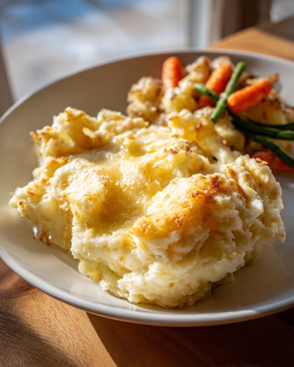 Porción de puré gratinado con verduras al fondo como guarniciones fáciles para navidad