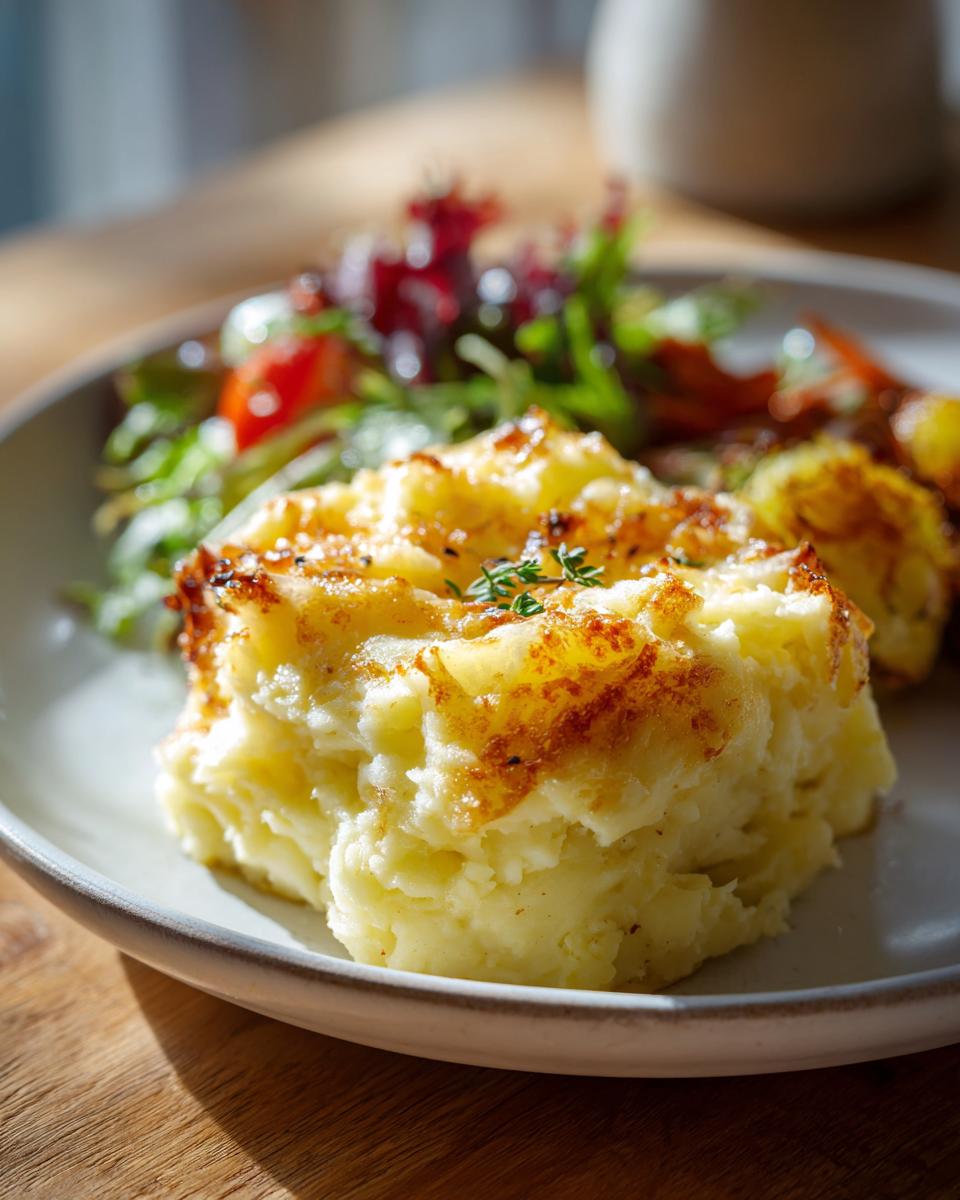 Puré de papas gratinado acompañado de ensalada fresca, guarniciones fáciles para navidad